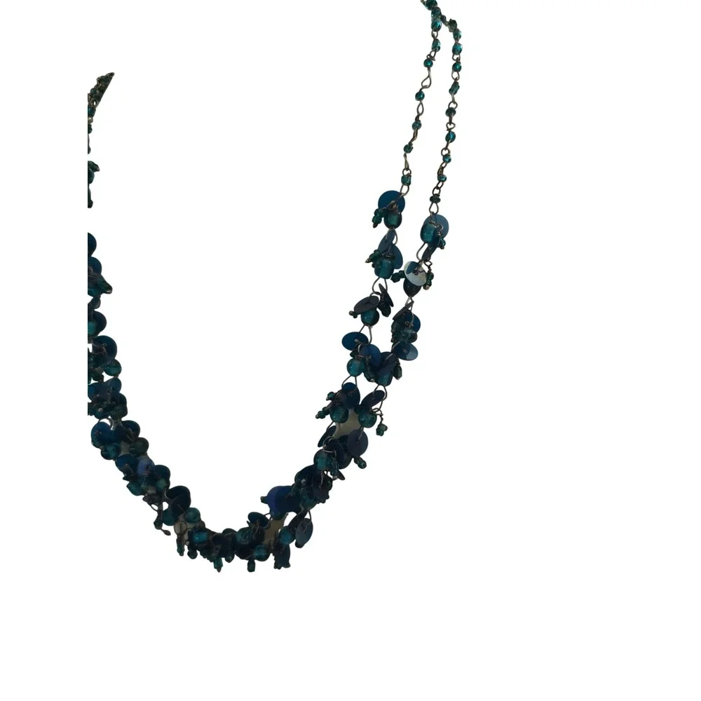 Teal Blue Multi Strand Beaded Sequin Statement Necklace Boho Layered Jewelry